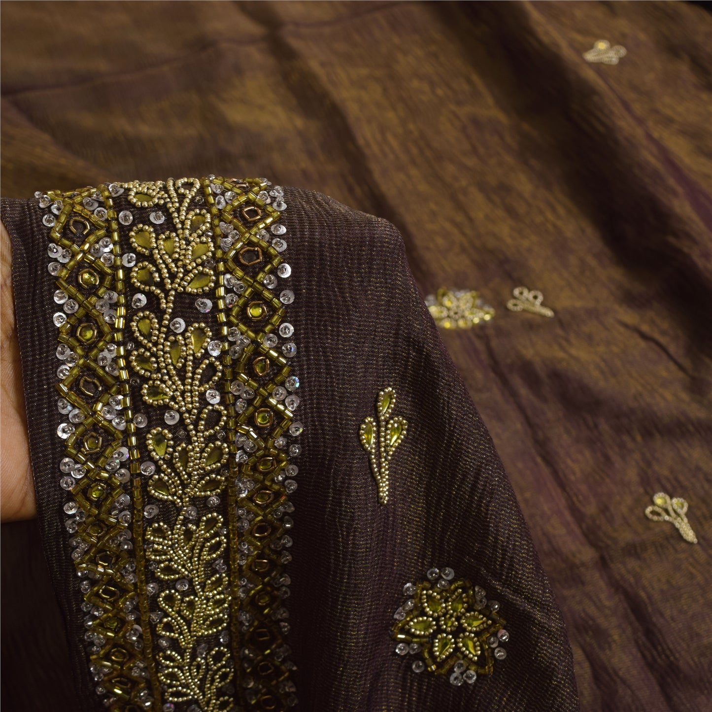 Sanskriti Vintage Dark Brown Sarees Pure Silk Hand Beaded Sari 5+ yd Fabric