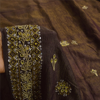 Sanskriti Vintage Dark Brown Sarees Pure Silk Hand Beaded Sari 5+ yd Fabric