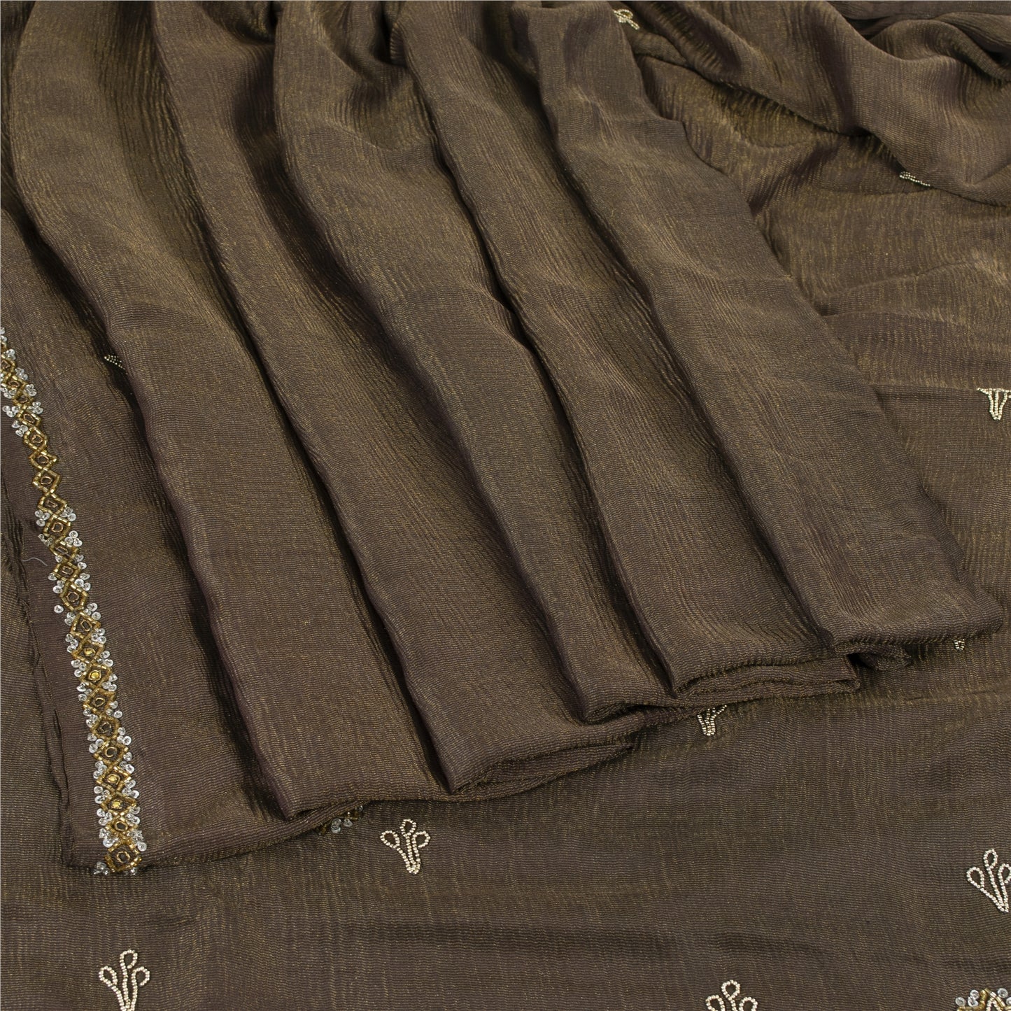 Sanskriti Vintage Dark Brown Sarees Pure Silk Hand Beaded Sari 5+ yd Fabric
