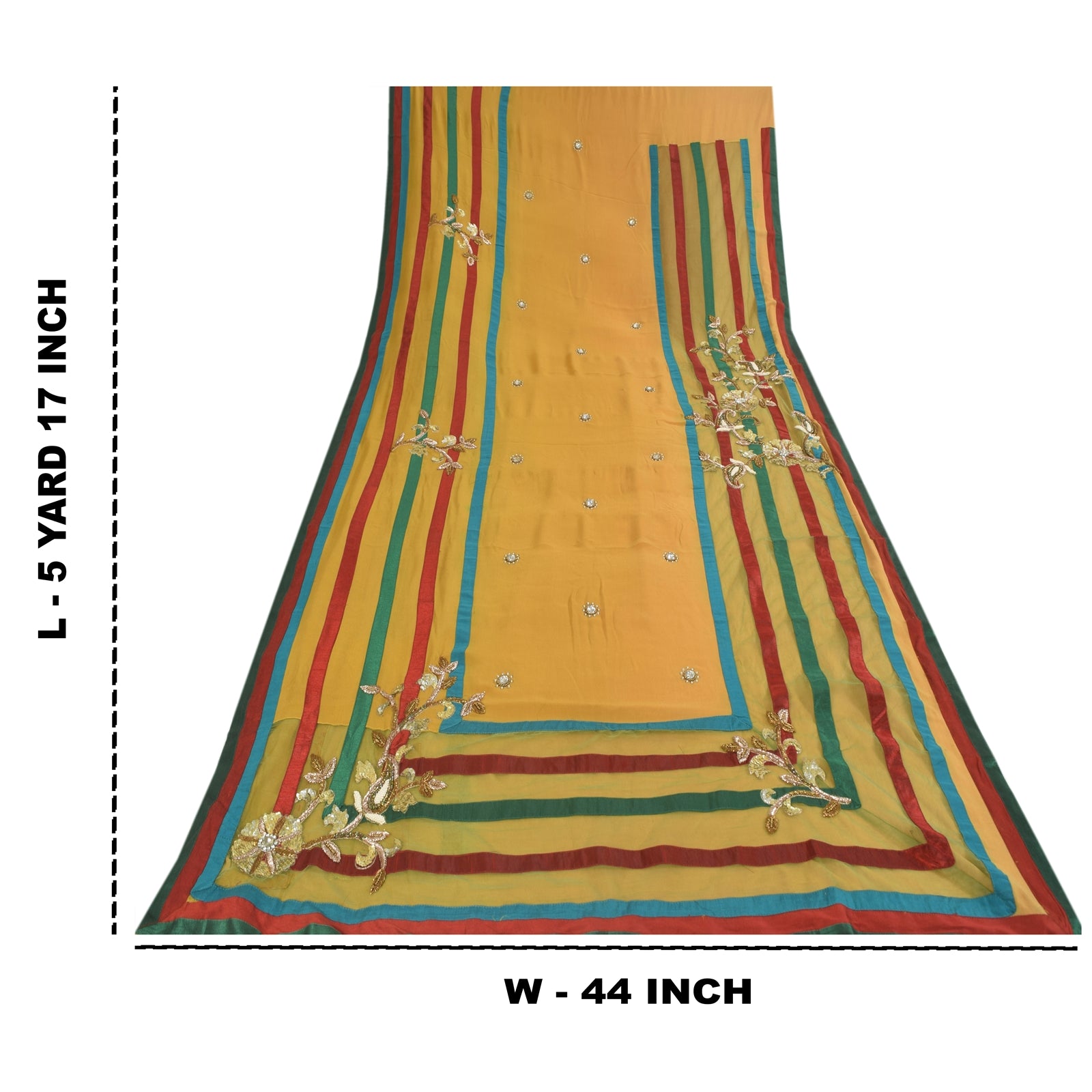 Sanskriti Vintage Yellow Sarees Pure Georgette Hand Beaded Craft Fabric 5yd Sari