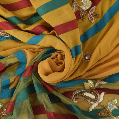 Sanskriti Vintage Yellow Sarees Pure Georgette Hand Beaded Craft Fabric 5yd Sari