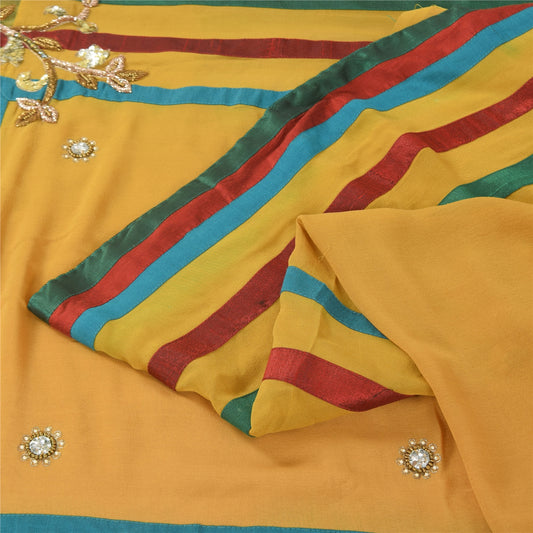 Sanskriti Vintage Yellow Sarees Pure Georgette Hand Beaded Craft Fabric 5yd Sari