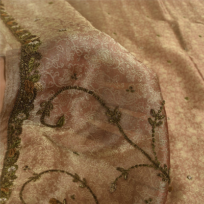 Sanskriti Vintage Indian Brown Sarees Tissue Hand Beaded Ethnic 5yd Craft Fabric