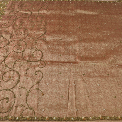 Sanskriti Vintage Indian Brown Sarees Tissue Hand Beaded Ethnic 5yd Craft Fabric