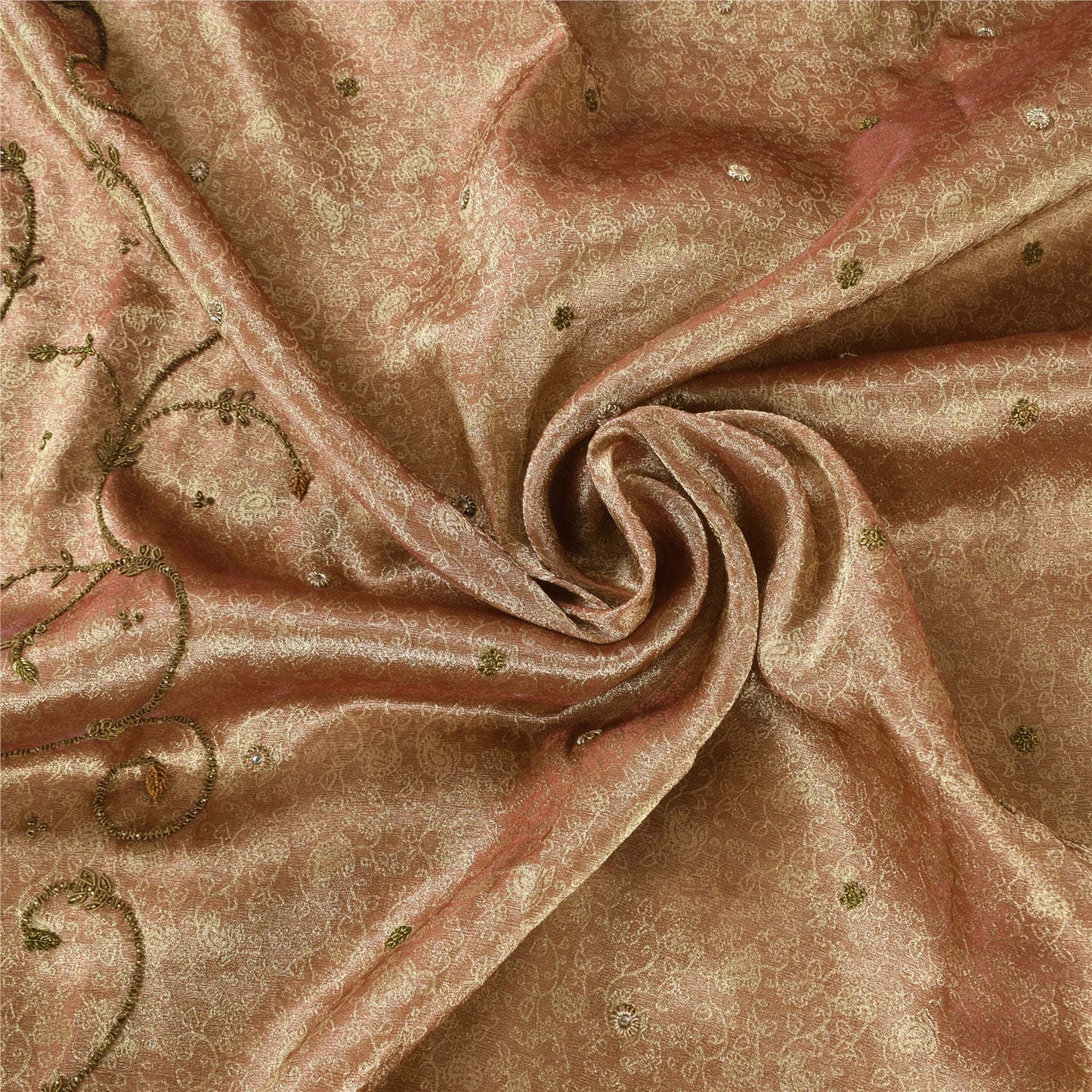 Sanskriti Vintage Indian Brown Sarees Tissue Hand Beaded Ethnic 5yd Craft Fabric