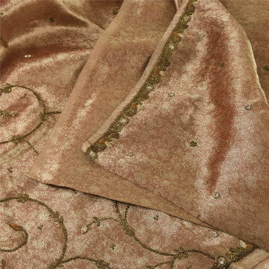 Sanskriti Vintage Indian Brown Sarees Tissue Hand Beaded Ethnic 5yd Craft Fabric