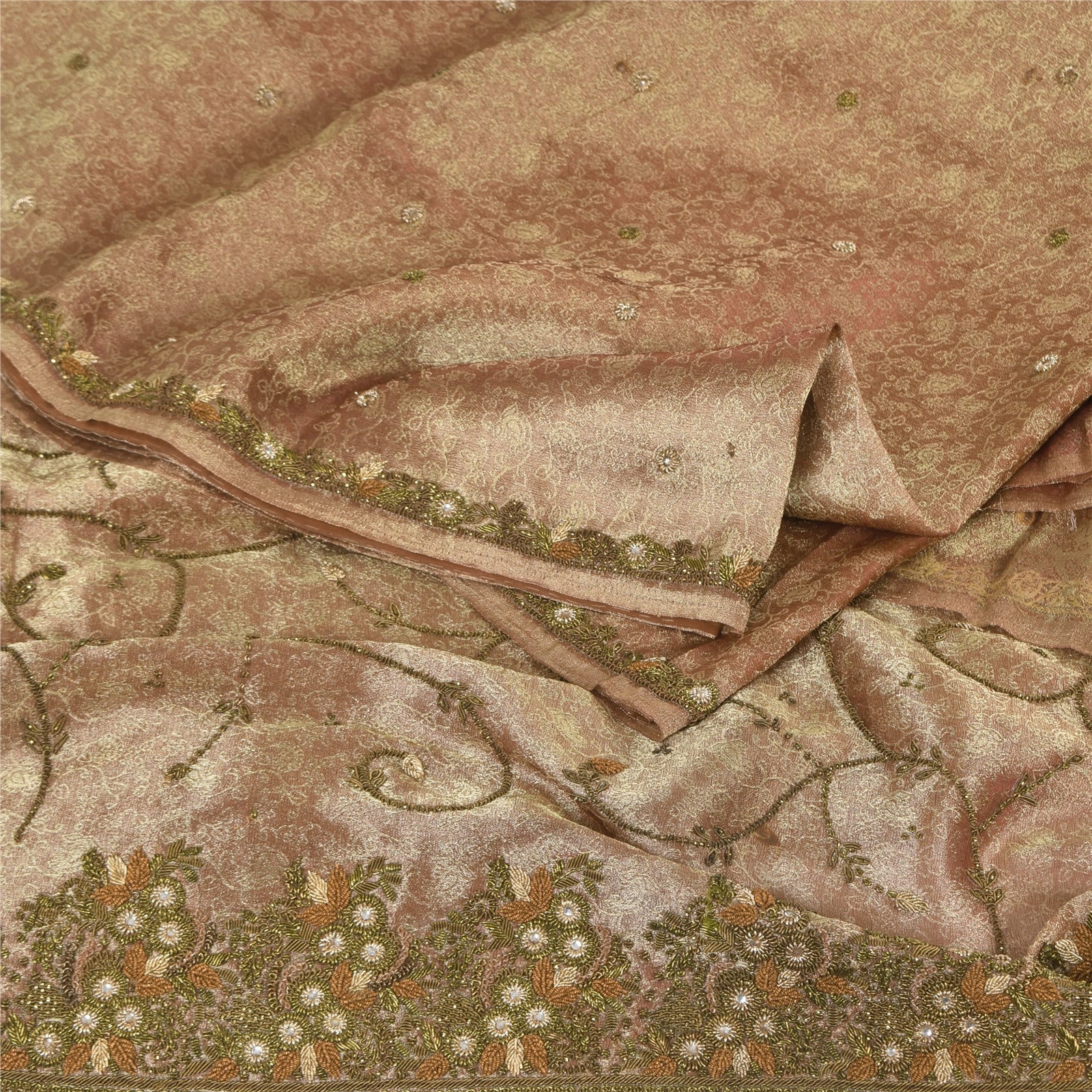 Sanskriti Vintage Indian Brown Sarees Tissue Hand Beaded Ethnic 5yd Craft Fabric