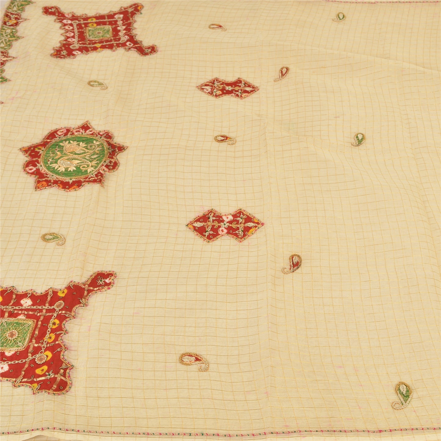 Sanskriti Vintage Cream Sarees Blend Silk Hand Beaded Craft Fabric Premium Sari