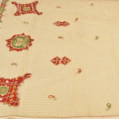 Sanskriti Vintage Cream Sarees Blend Silk Hand Beaded Craft Fabric Premium Sari