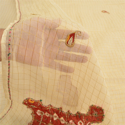 Sanskriti Vintage Cream Sarees Blend Silk Hand Beaded Craft Fabric Premium Sari