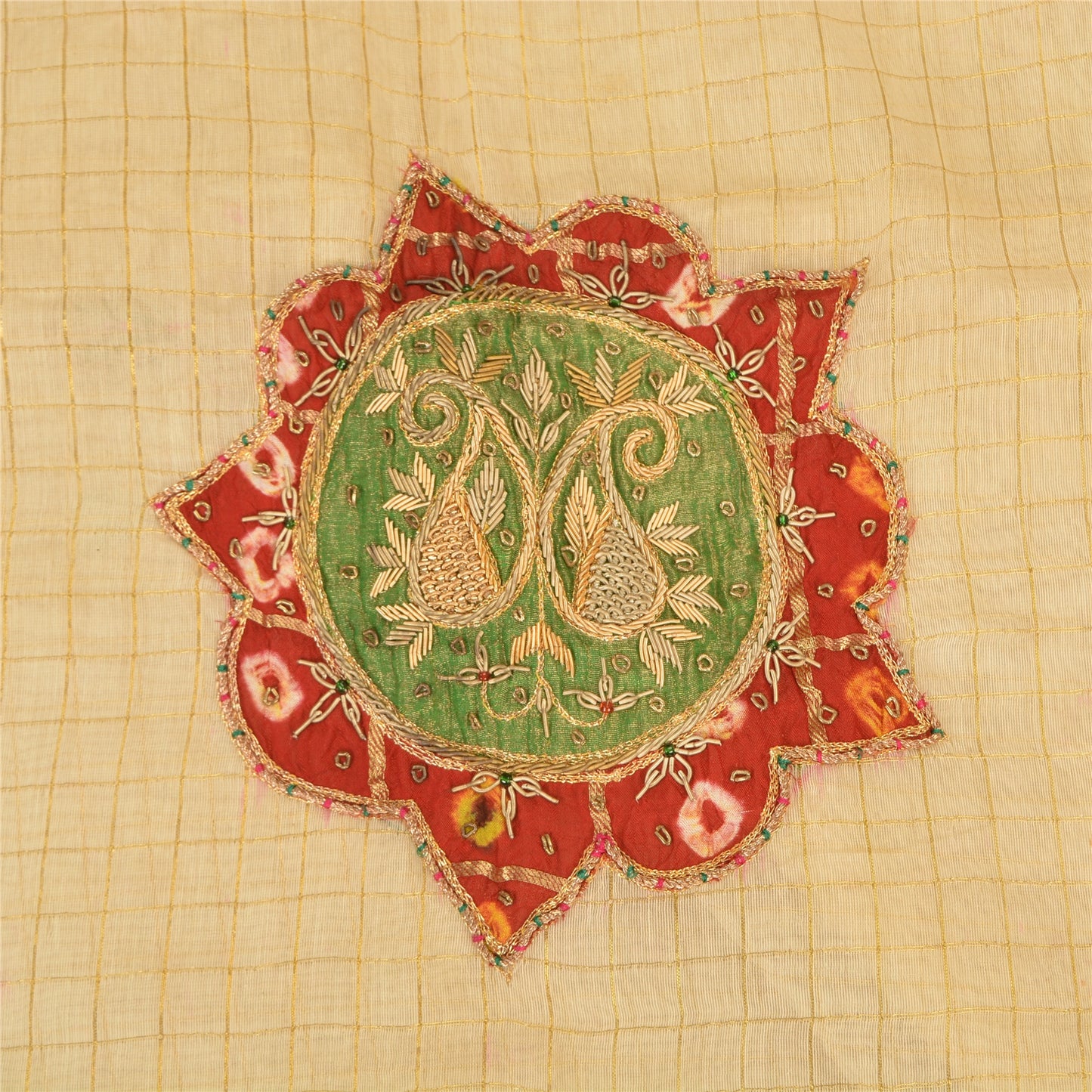 Sanskriti Vintage Cream Sarees Blend Silk Hand Beaded Craft Fabric Premium Sari