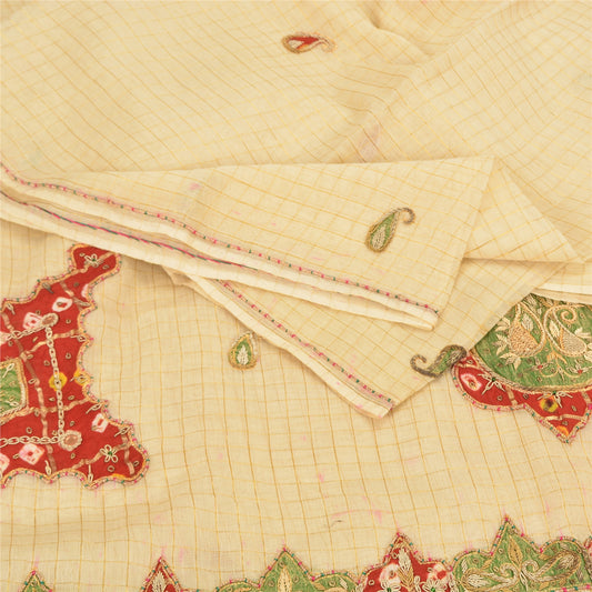Sanskriti Vintage Cream Sarees Blend Silk Hand Beaded Craft Fabric Premium Sari