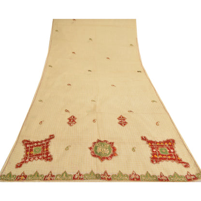Sanskriti Vintage Cream Sarees Blend Silk Hand Beaded Craft Fabric Premium Sari
