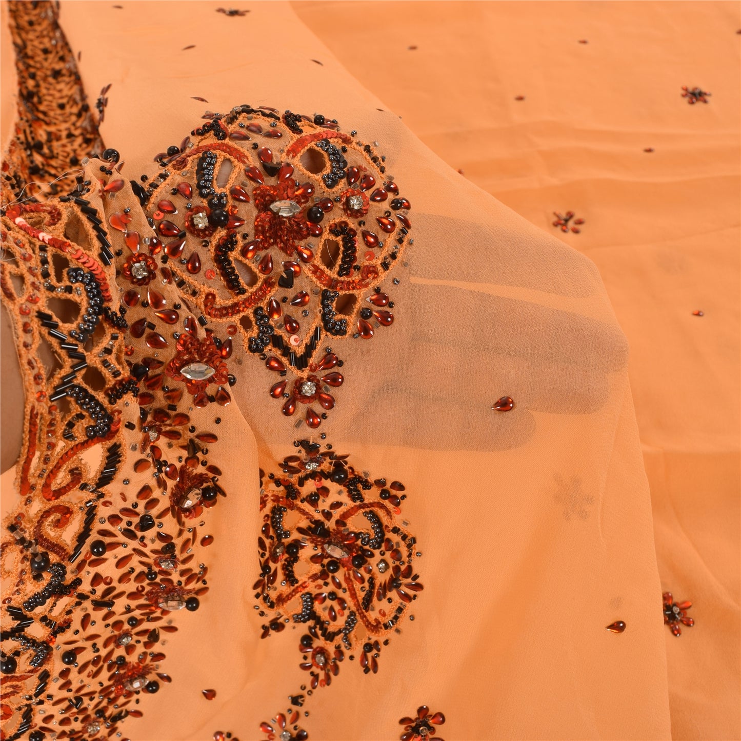 Sanskriti Vintage Peach Saree Pure Georgette Silk Hand Embroidery Sustainable Fabric Kundan Sari
