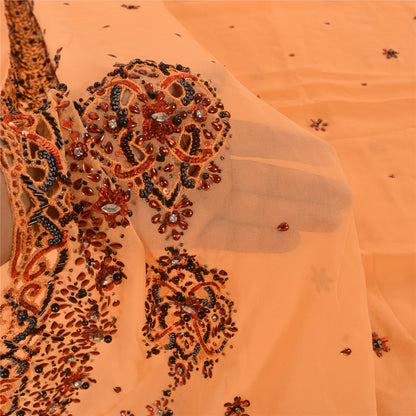 Sanskriti Vintage Peach Saree Pure Georgette Silk Hand Embroidery Sustainable Fabric Kundan Sari