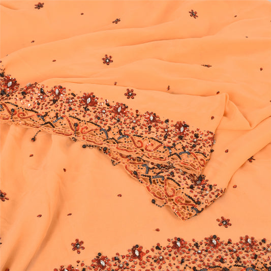 Sanskriti Vintage Peach Sari Ren Georgette Silke Håndbroderi Bæredygtigt Stoff Kundan Sari