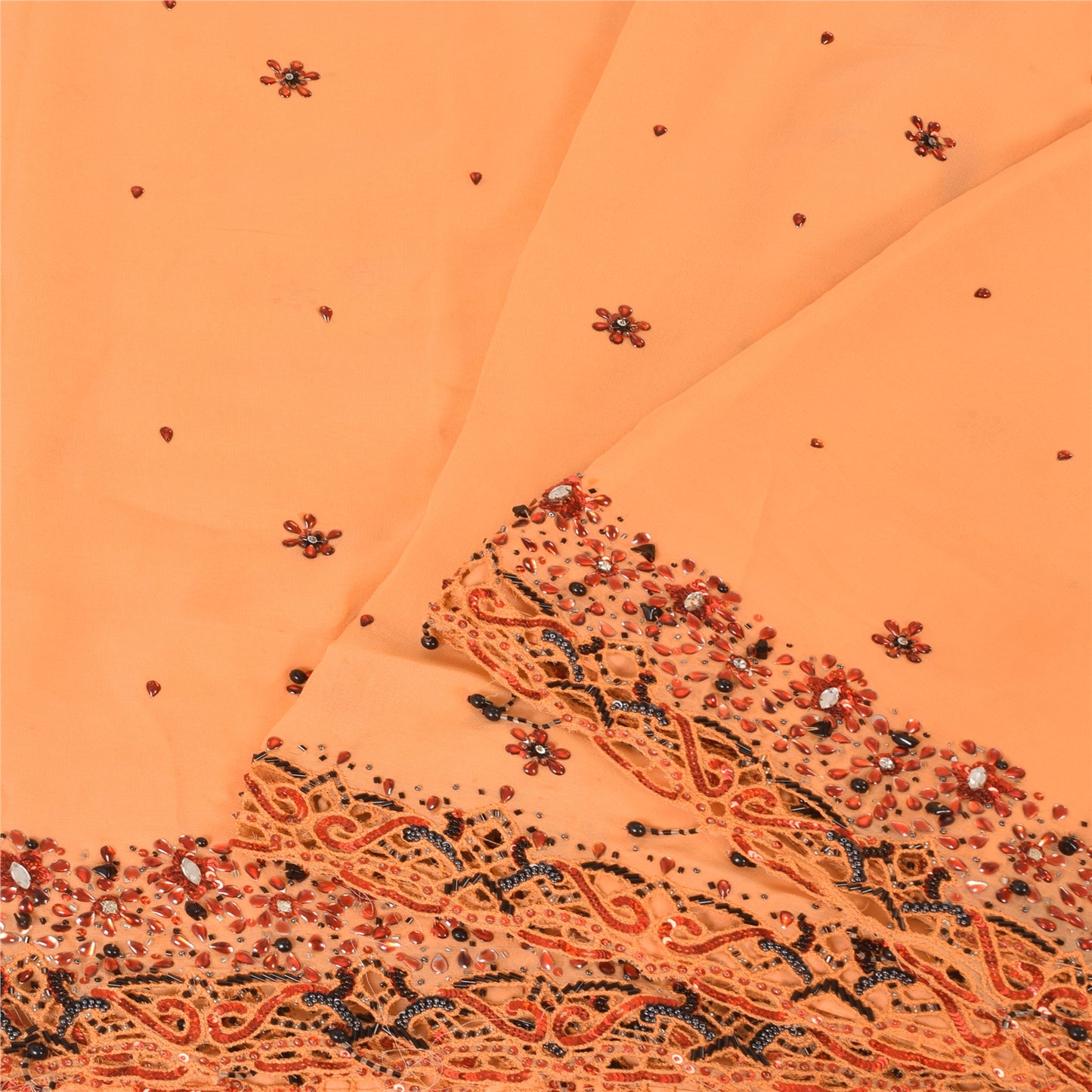 Sanskriti Vintage Peach Saree Pure Georgette Silk Hand Embroidery Sustainable Fabric Kundan Sari
