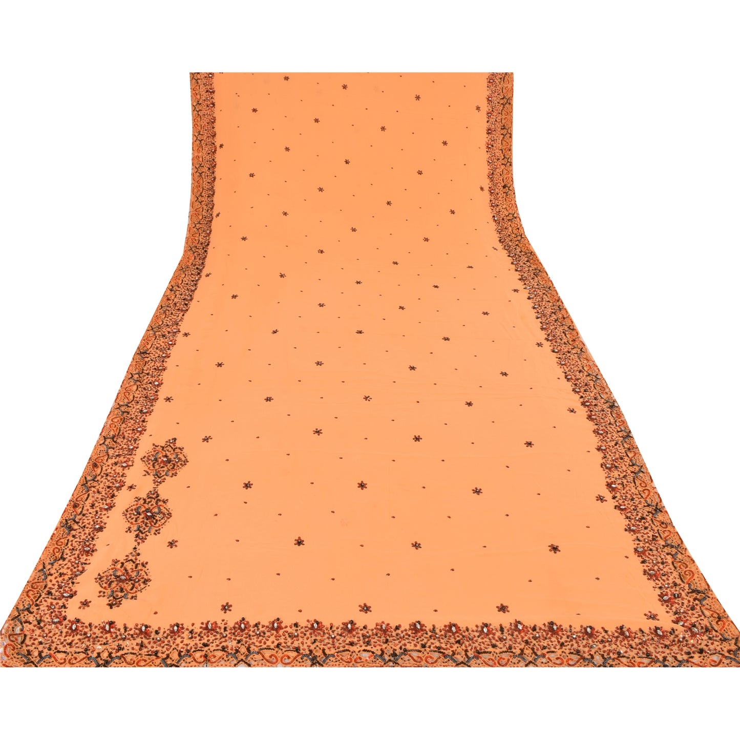 Sanskriti Vintage Peach Saree Pure Georgette Silk Hand Embroidery Sustainable Fabric Kundan Sari