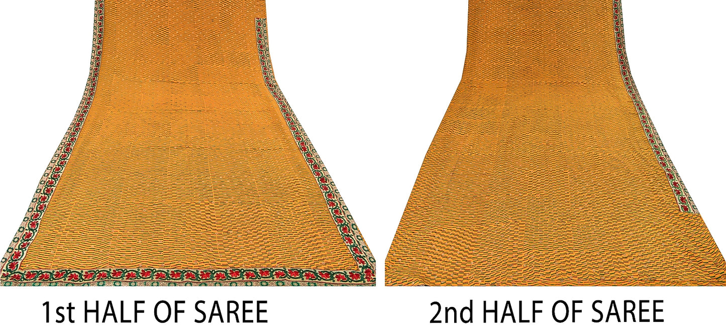 Sanskriti Vintage Mustard Sarees Blend Georgette Embroidered Sari Craft Fabric