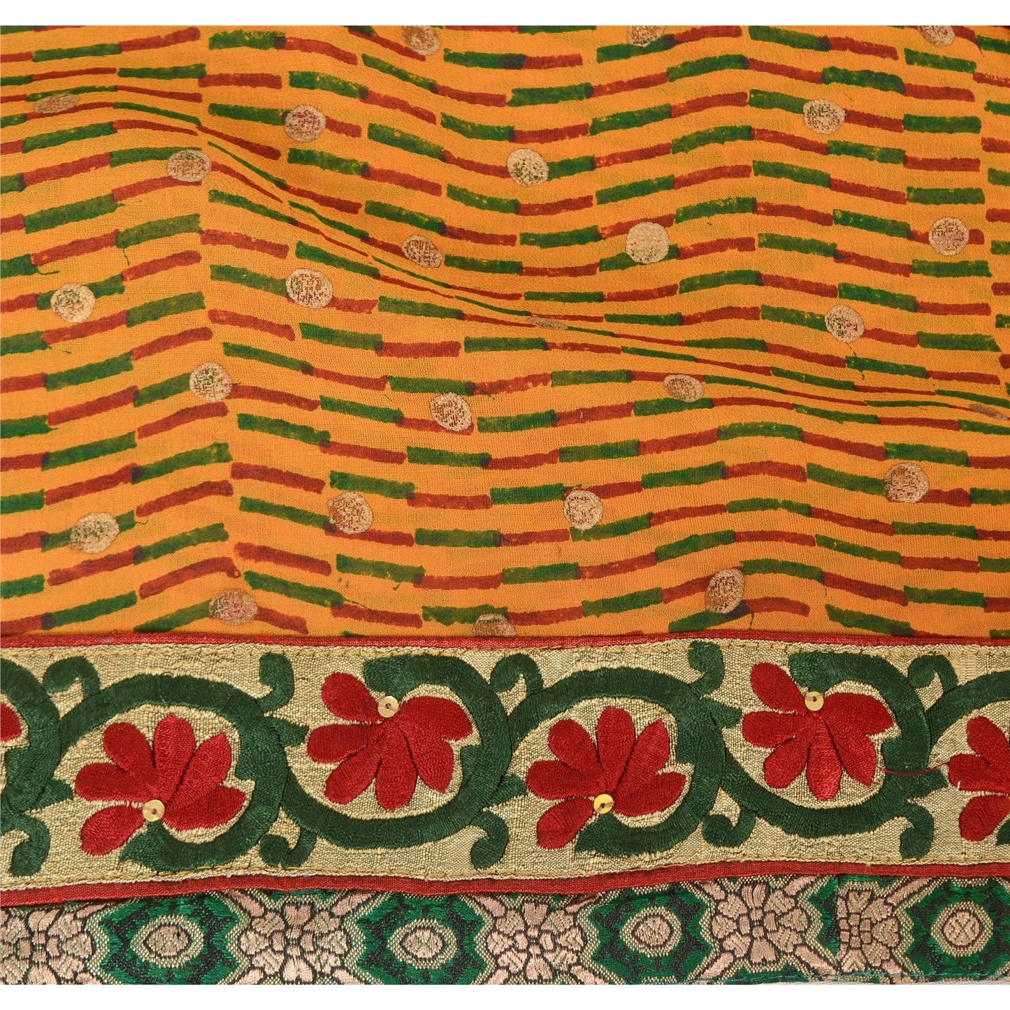 Sanskriti Vintage Mustard Sarees Blend Georgette Embroidered Sari Craft Fabric