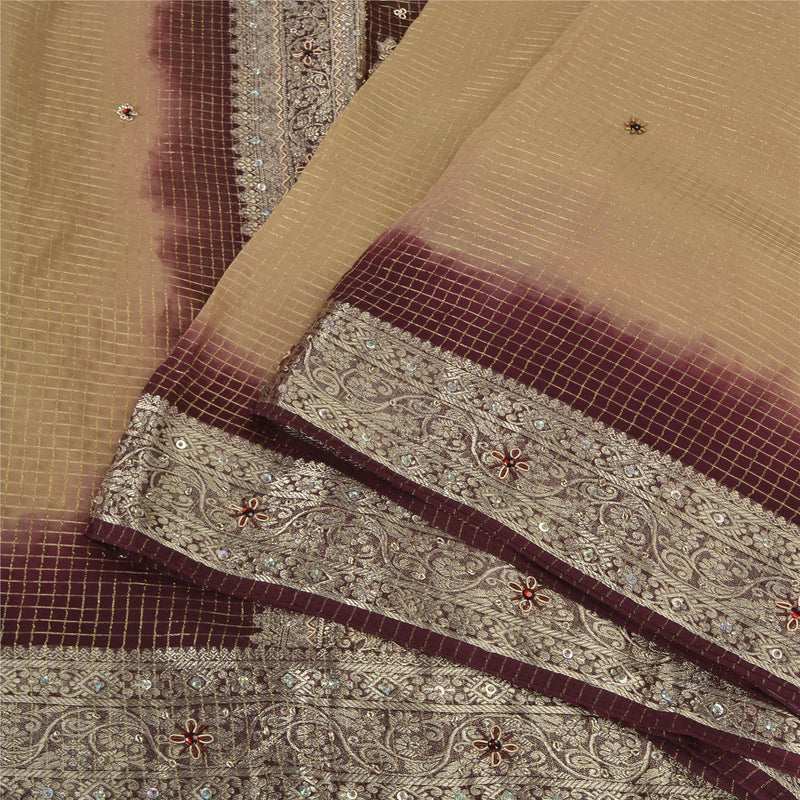 Sanskriti Vintage Cream Sarees Pure Georgette Hand Beaded Brocade Sustainable Fabric Sari