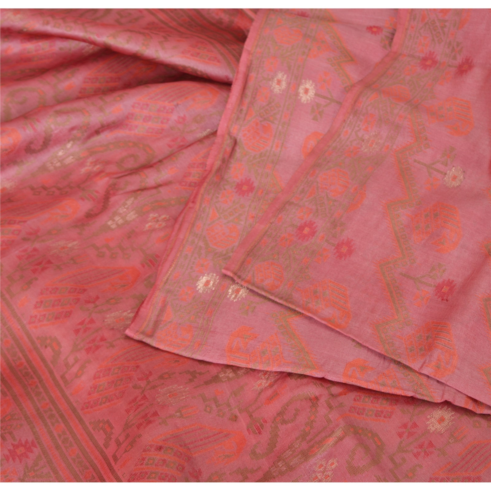 Sanskriti Vintage Pink Sarees Pure Silk Hand Woven Jamdani Sari 6yd Craft Fabric
