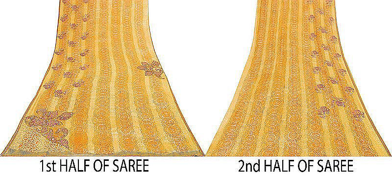 Sanskriti Vintage Indian Orange Saree 100% Pure Georgette Silk Hand Beaded Sustainable Fabric Premium Sari