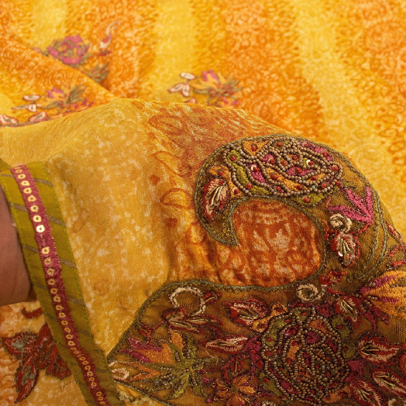 Sanskriti Vintage Indian Orange Saree 100% Pure Georgette Silk Hand Beaded Sustainable Fabric Premium Sari