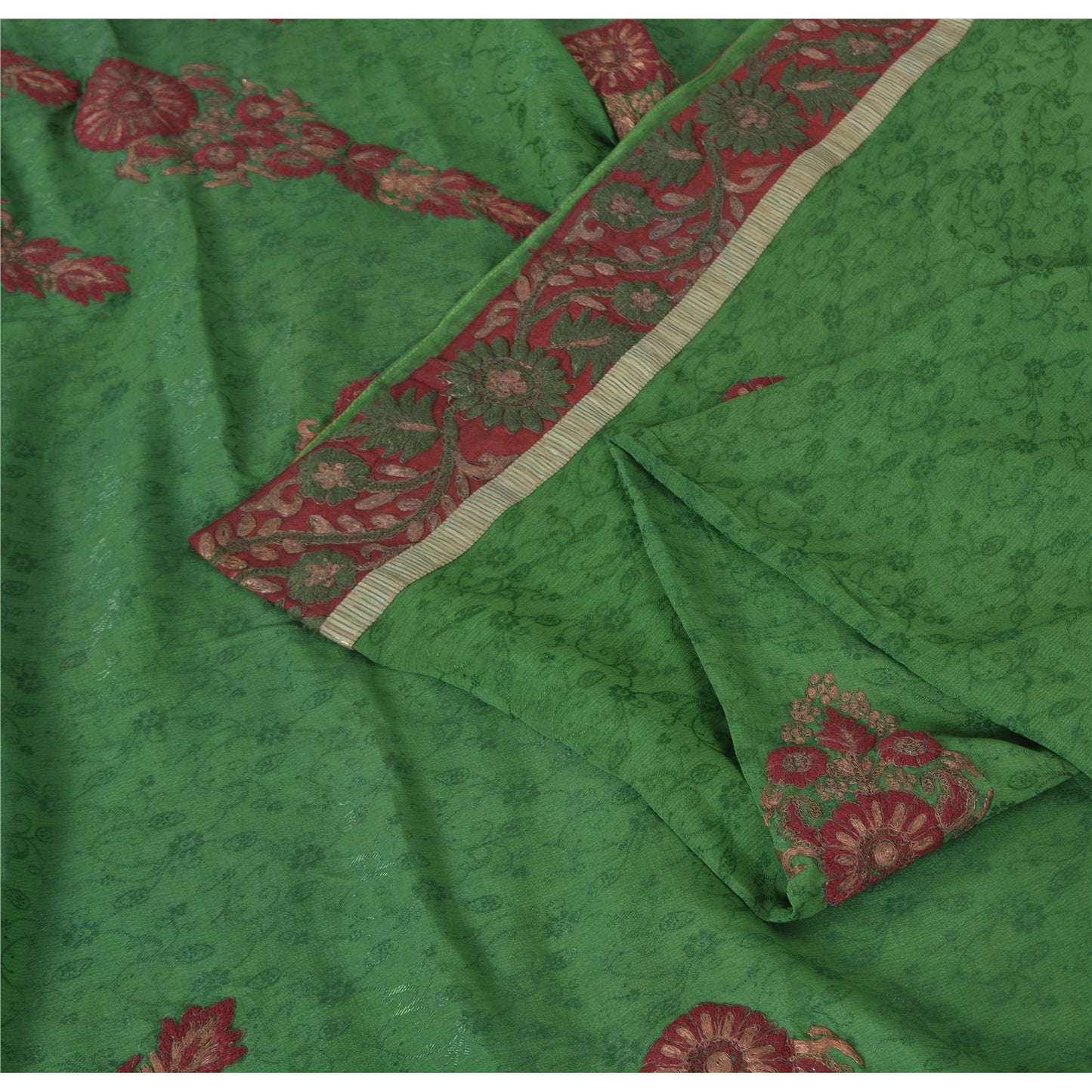 Sanskriti Vintage Green Sarees Pure Chiffon Silk Hand Embroidered Sari Fabric