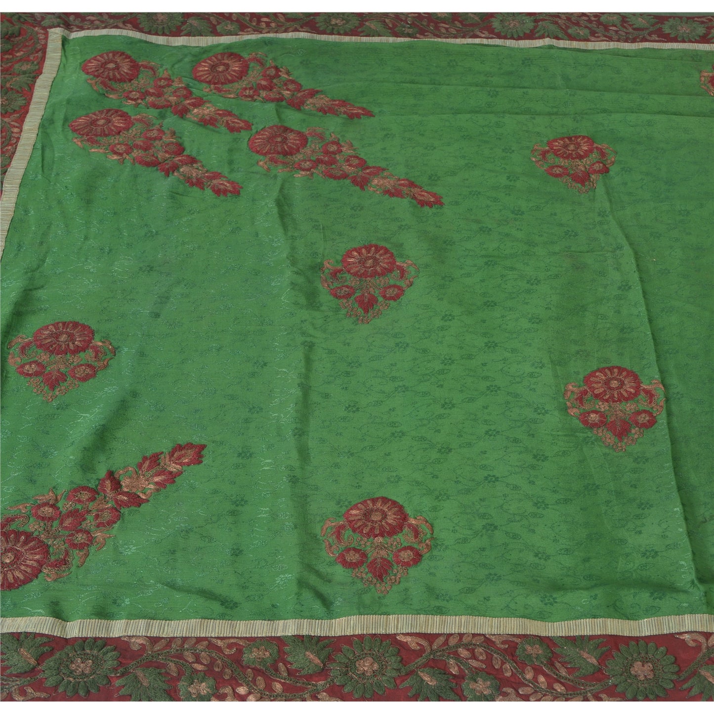 Sanskriti Vintage Green Sarees Pure Chiffon Silk Hand Embroidered Sari Fabric