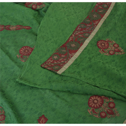 Sanskriti Vintage Green Sarees Pure Chiffon Silk Hand Embroidered Sari Fabric