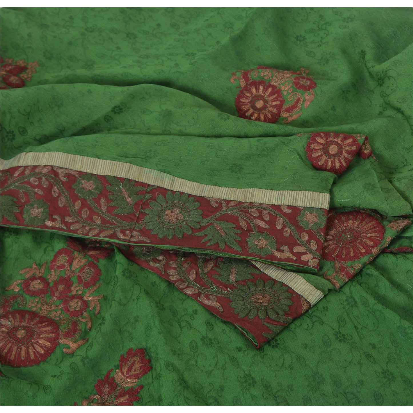 Sanskriti Vintage Green Sarees Pure Chiffon Silk Hand Embroidered Sari Fabric