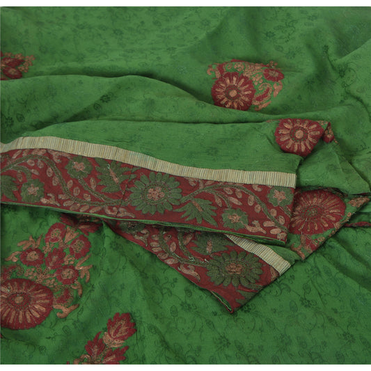 Sanskriti Vintage Green Sarees Pure Chiffon Silk Hand Embroidered Sari Fabric