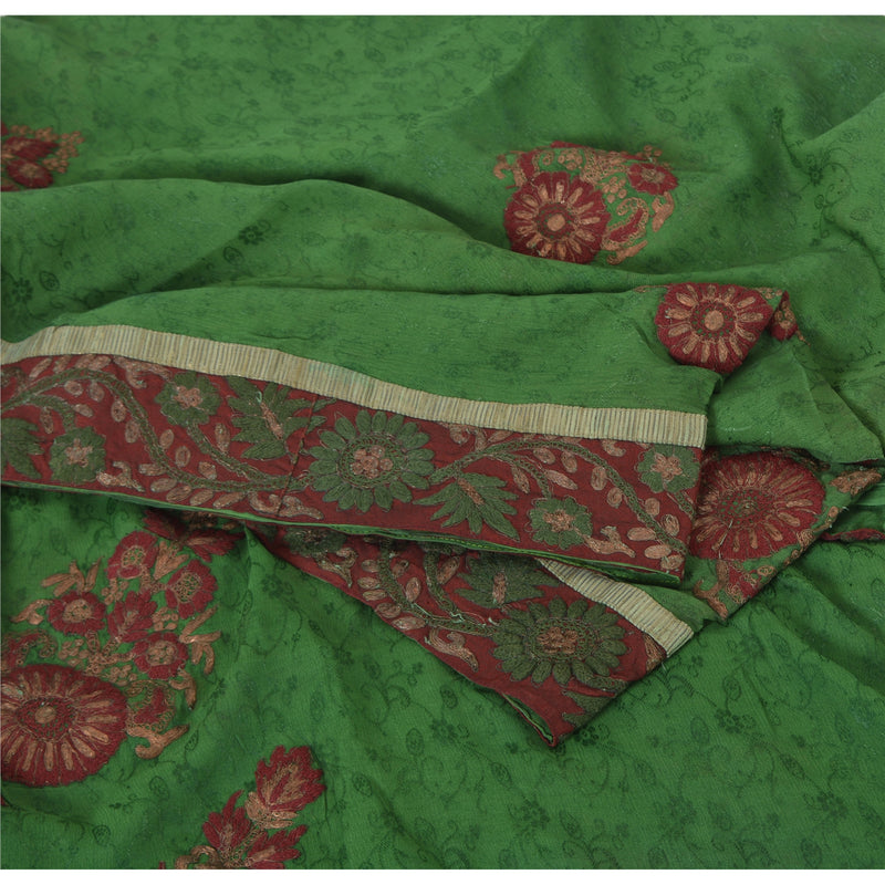 Sanskriti Vintage Green Sarees Pure Chiffon Silk Hand Embroidered Sari Fabric