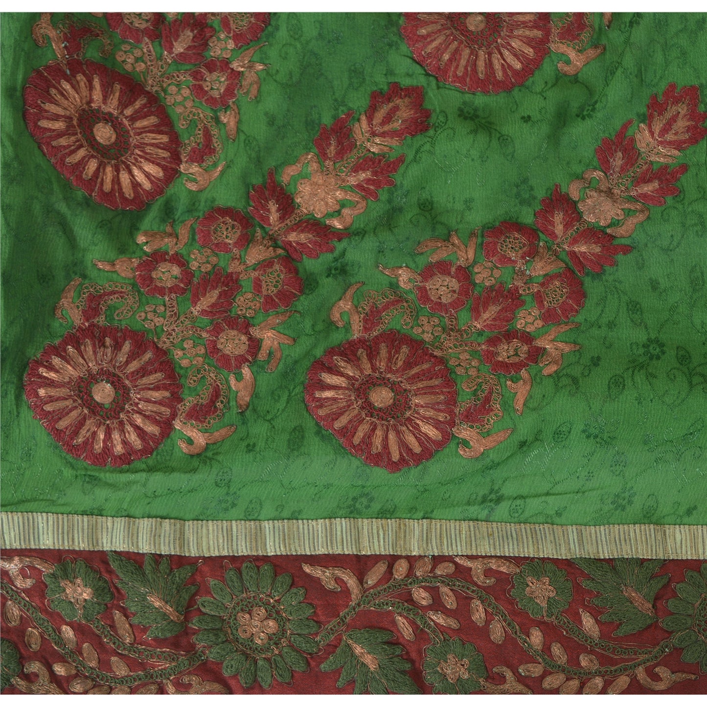 Sanskriti Vintage Green Sarees Pure Chiffon Silk Hand Embroidered Sari Fabric