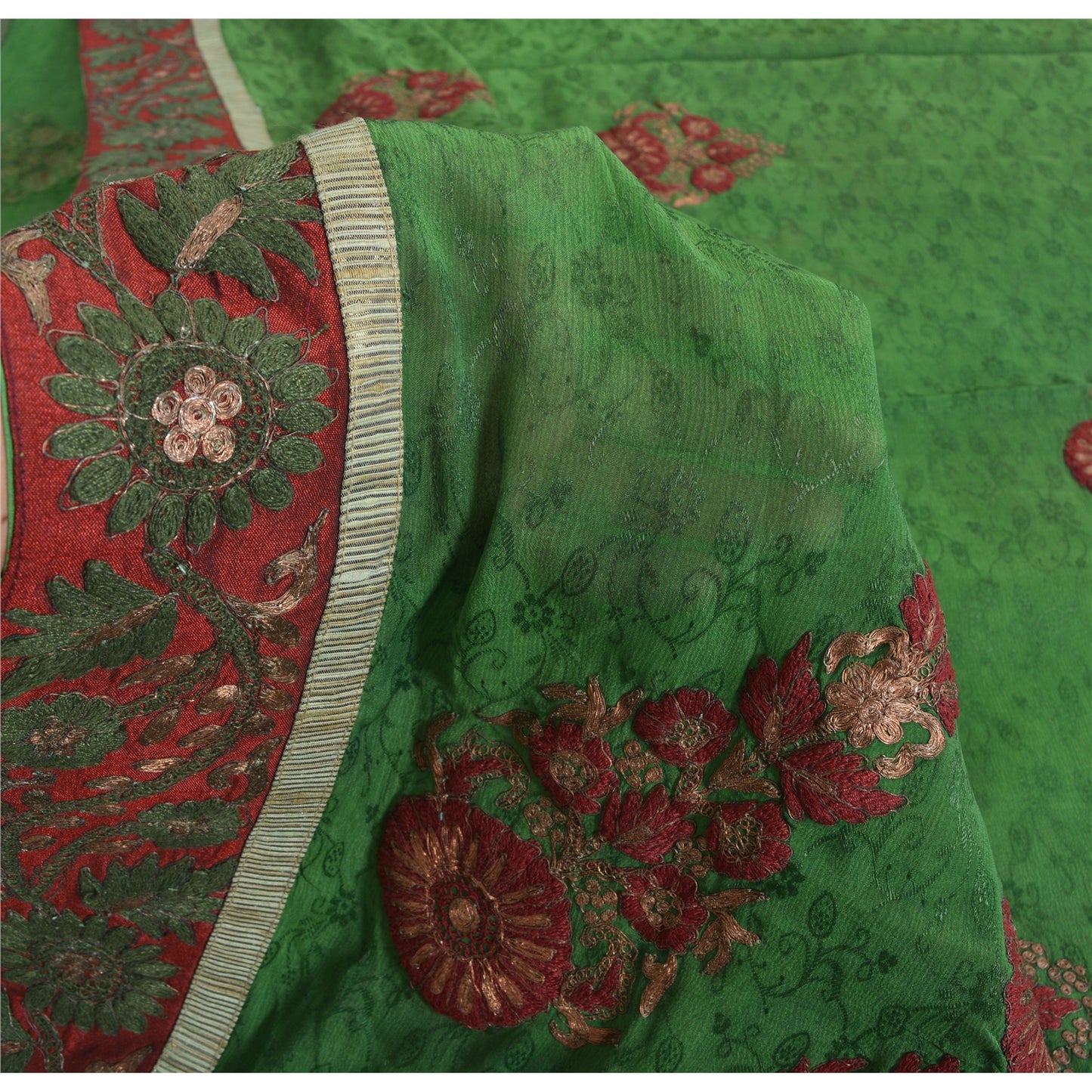 Sanskriti Vintage Green Sarees Pure Chiffon Silk Hand Embroidered Sari Fabric