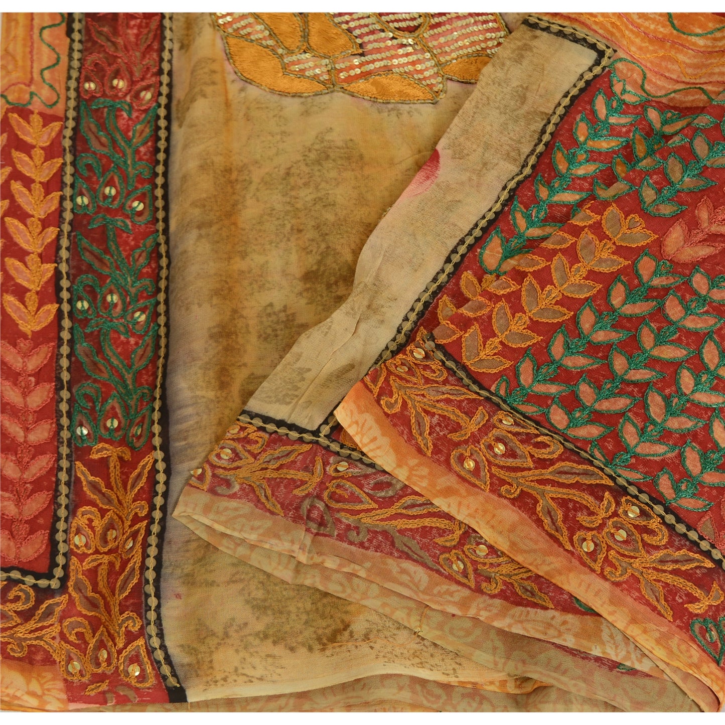 Sanskriti Vintage Indian Sarees Pure Georgette Hand Beaded Printed Sari Fabric