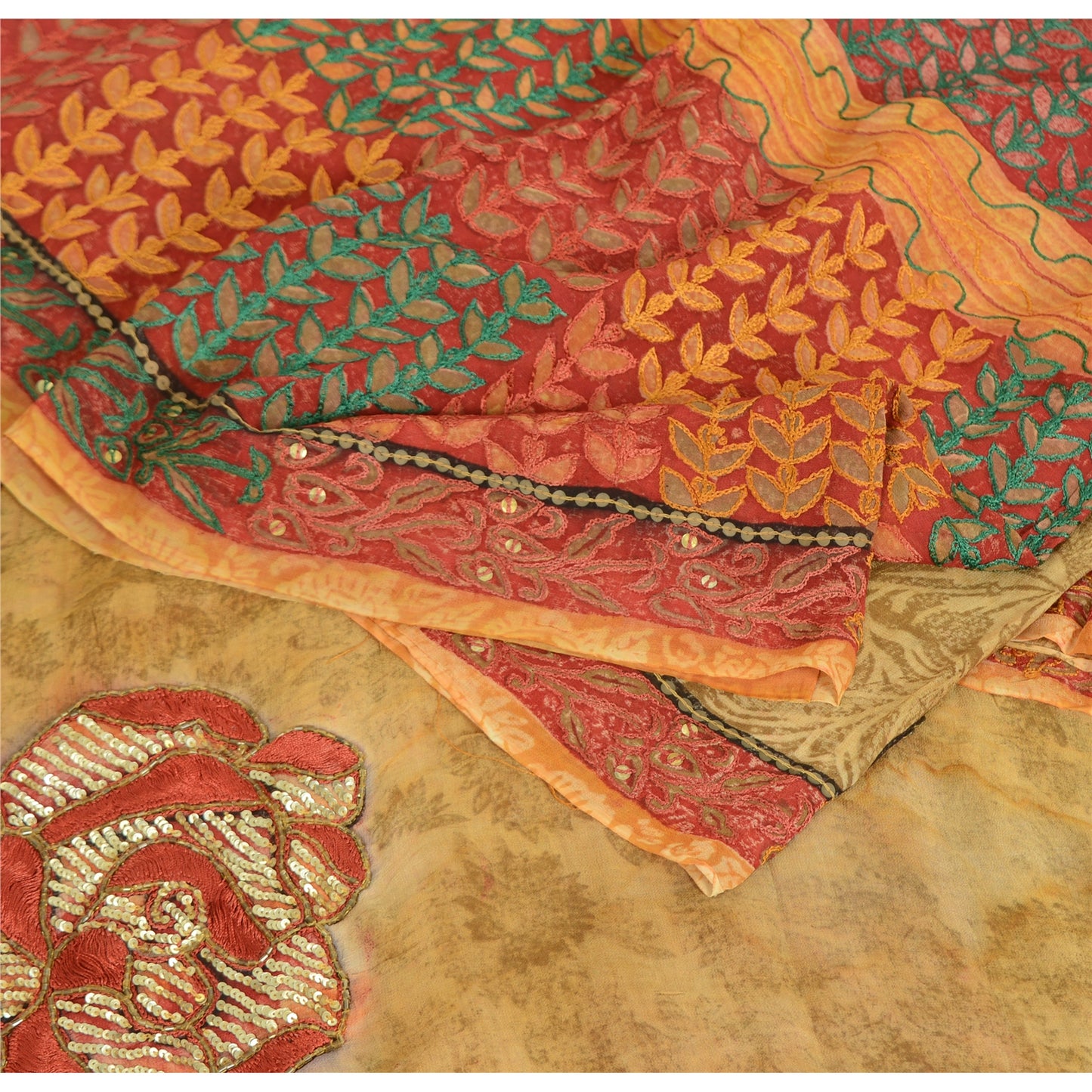 Sanskriti Vintage Indian Sarees Pure Georgette Hand Beaded Printed Sari Fabric