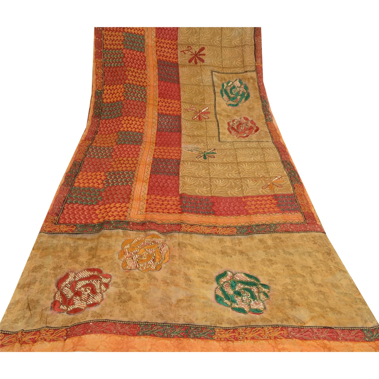 Sanskriti Vintage Indian Sarees Pure Georgette Hand Beaded Printed Sari Fabric