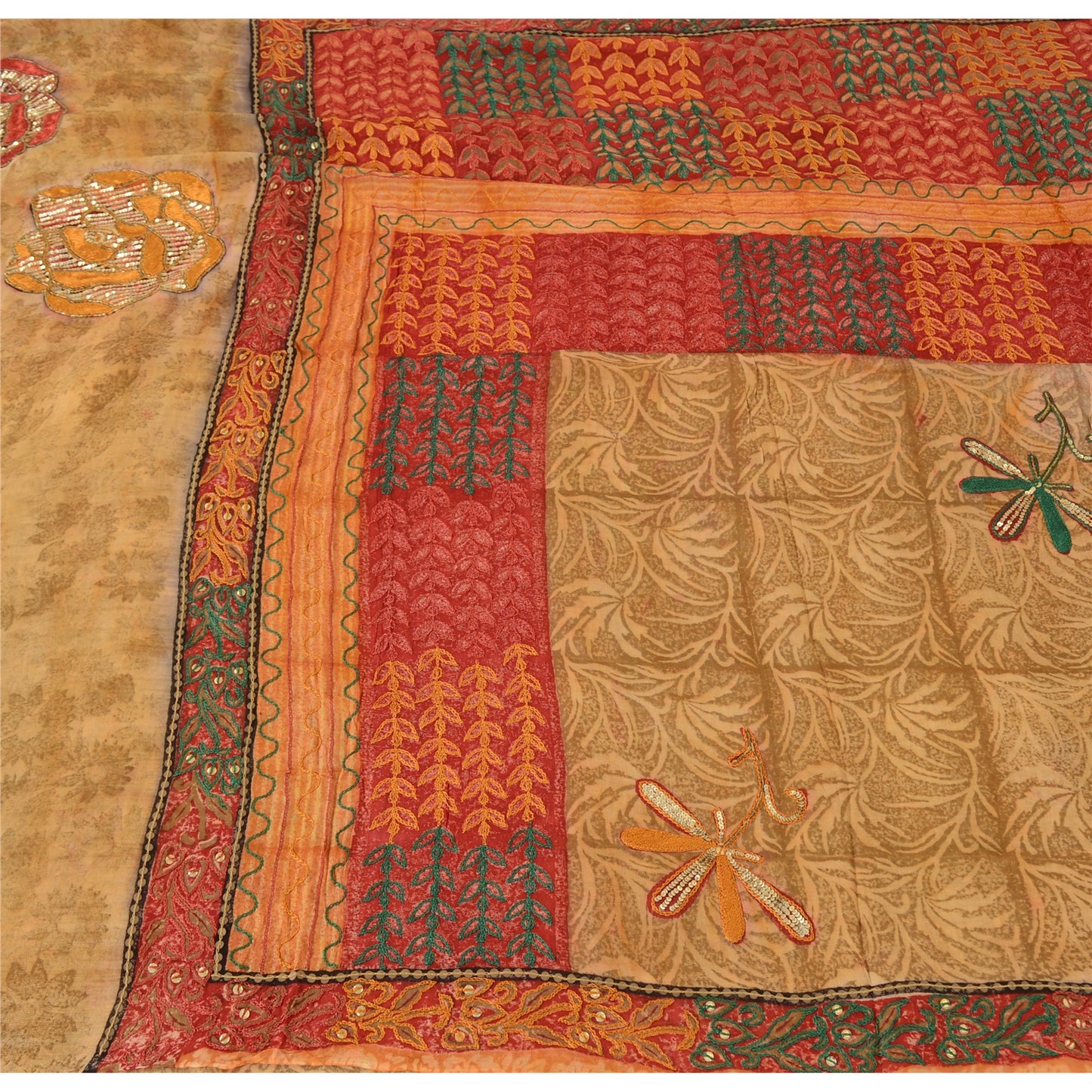 Sanskriti Vintage Indian Sarees Pure Georgette Hand Beaded Printed Sari Fabric