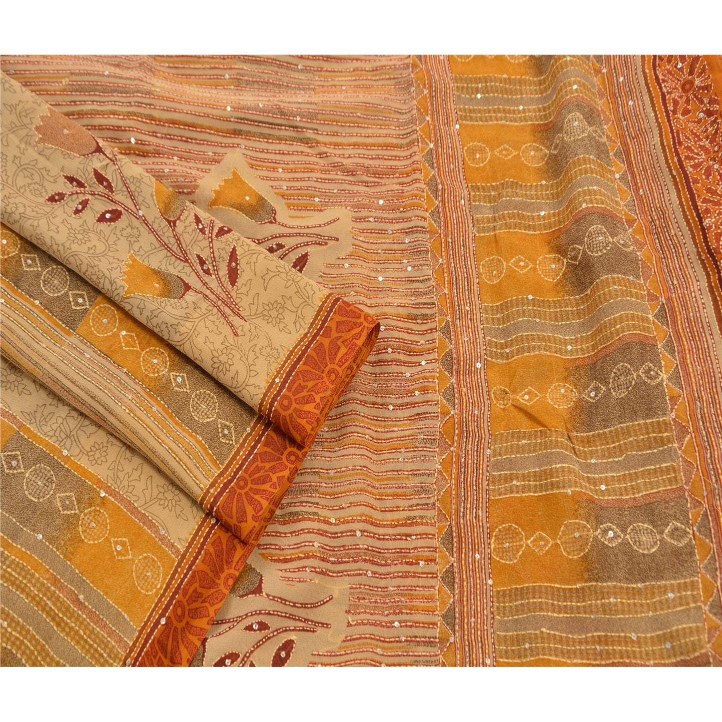 Sanskriti Vintage Sarees Georgette Hand Embroidered Fabric Kantha Premium Sari