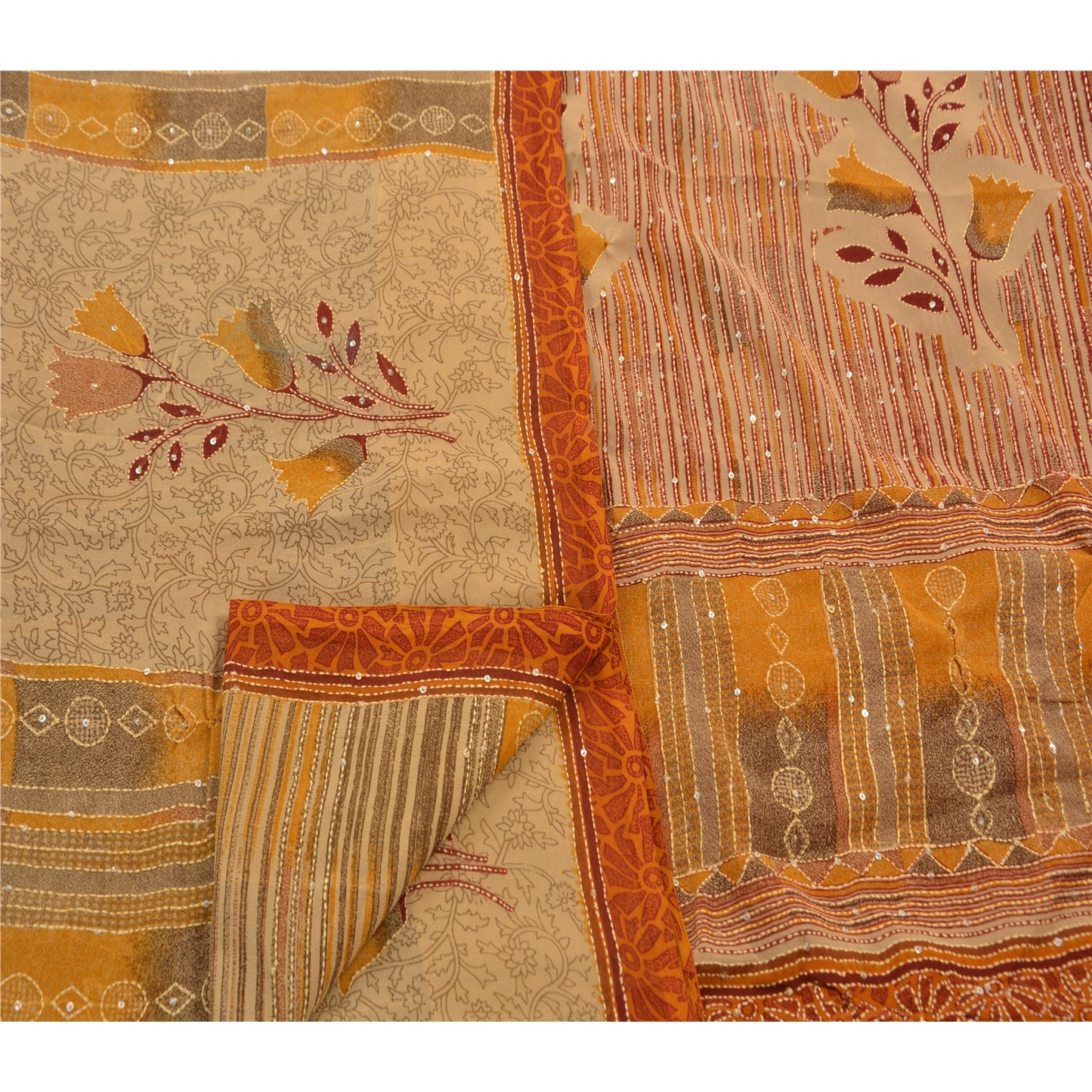 Sanskriti Vintage Sarees Georgette Hand Embroidered Fabric Kantha Premium Sari