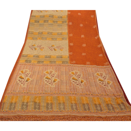 Sanskriti Vintage Sarees Georgette Hand Embroidered Fabric Kantha Premium Sari