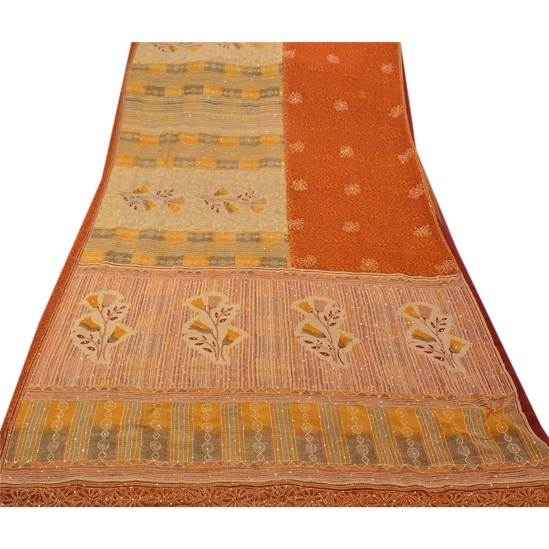 Sanskriti Vintage Sarees Georgette Hand Embroidered Fabric Kantha Premium Sari