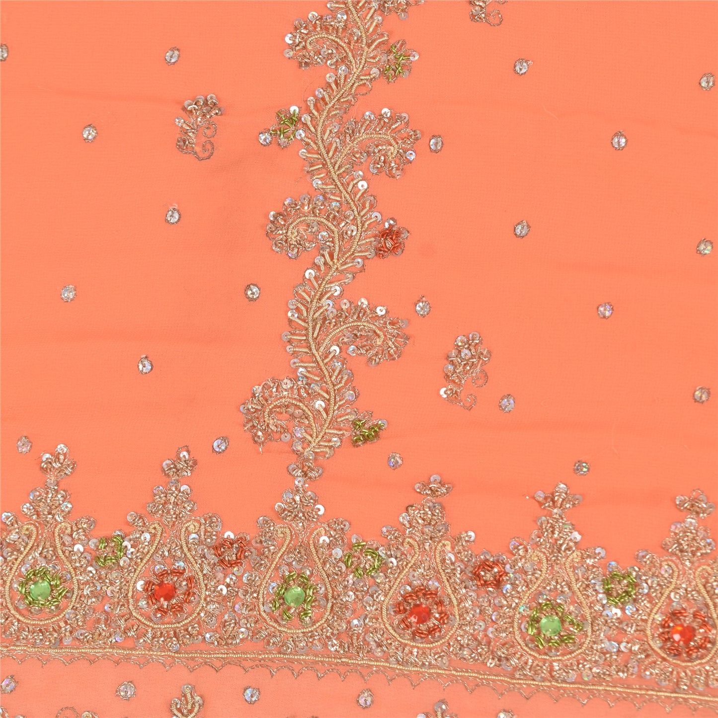 Sanskriti Vintage Peach Indian Sarees Georgette Hand Beaded Fabric Cultural Sari