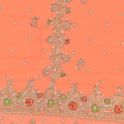 Sanskriti Vintage Peach Indian Sarees Georgette Hand Beaded Fabric Cultural Sari