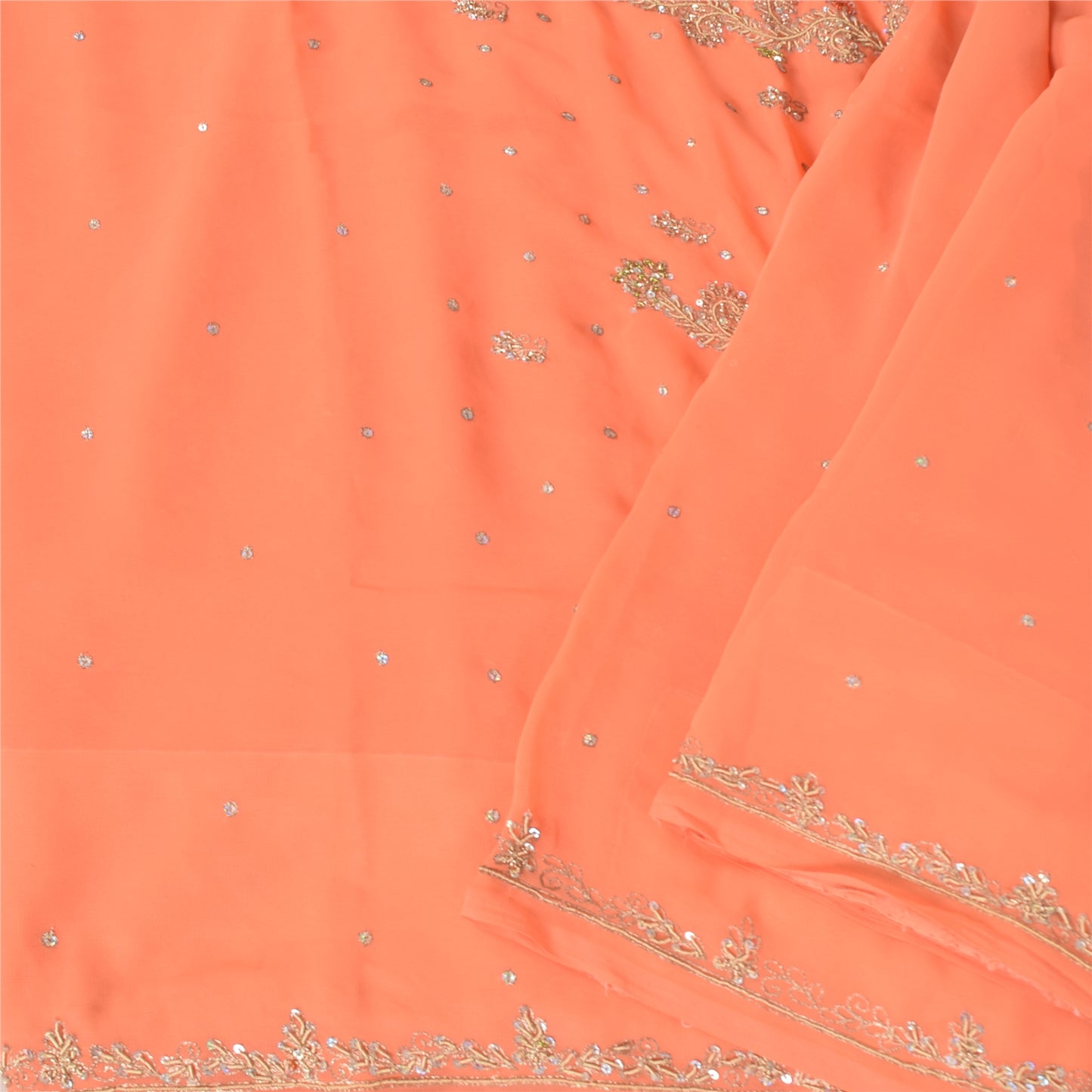 Sanskriti Vintage Peach Indian Sarees Georgette Hand Beaded Fabric Cultural Sari