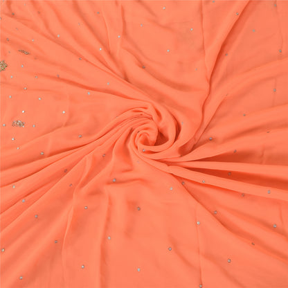 Sanskriti Vintage Peach Indian Sarees Georgette Hand Beaded Fabric Cultural Sari