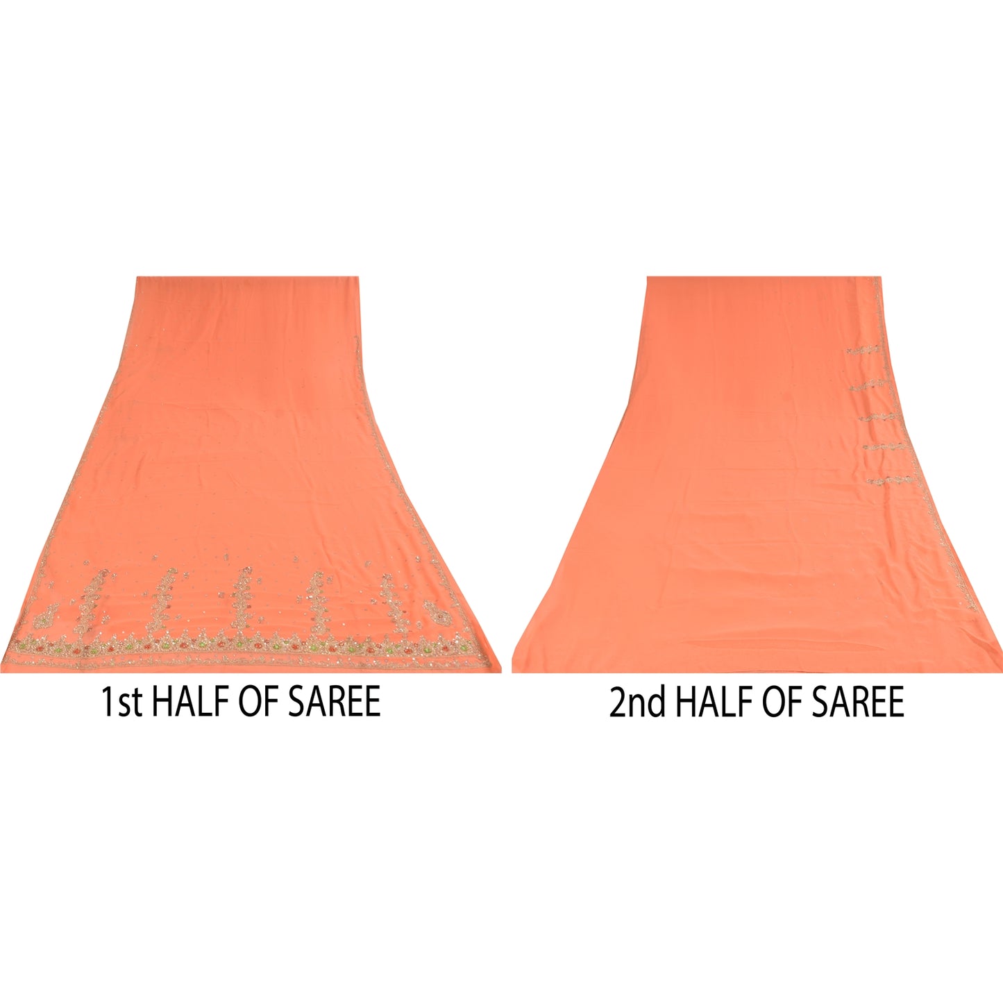 Sanskriti Vintage Peach Indian Sarees Georgette Hand Beaded Fabric Cultural Sari