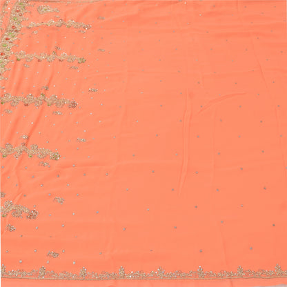 Sanskriti Vintage Peach Indian Sarees Georgette Hand Beaded Fabric Cultural Sari